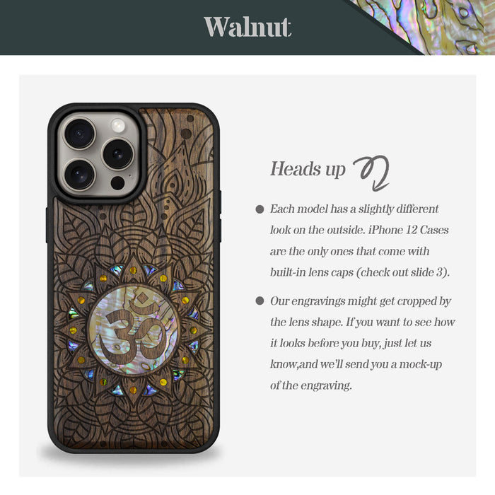 Harmony's Whisper Mandala, Hand-Inlaid Wood & Mother of Pearl Case - Artisanal Cover for Apple iPhone