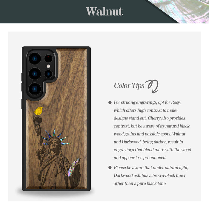 Statue of Liberty, Hand-Inlaid Wood & Mother of Pearl Case - Artisanal Cover for Samsung Galaxy