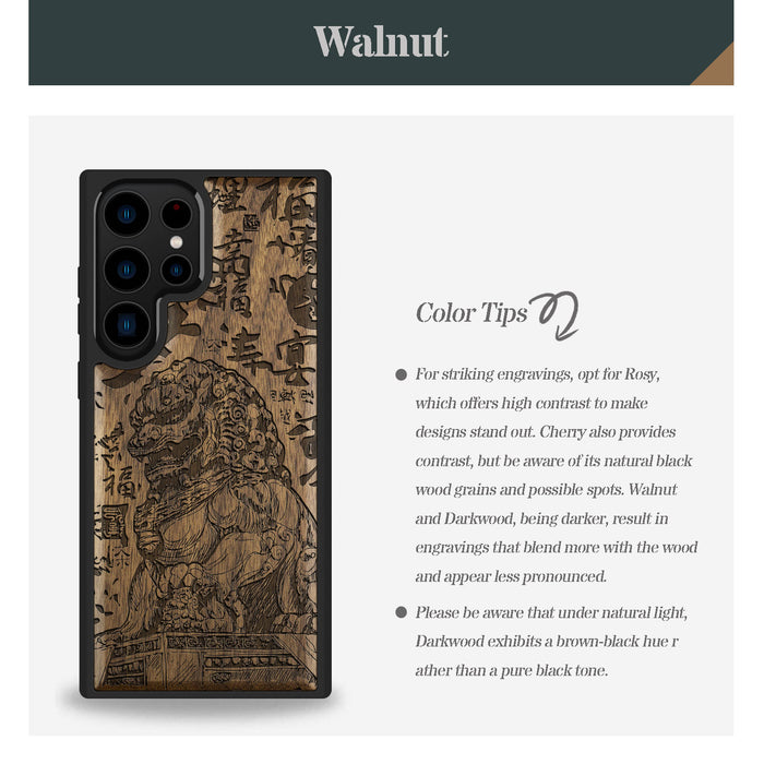 The Chinese Guardian Lions, Classic Engraved Wood & TPU Case - Artisanal Cover for Samsung Galaxy