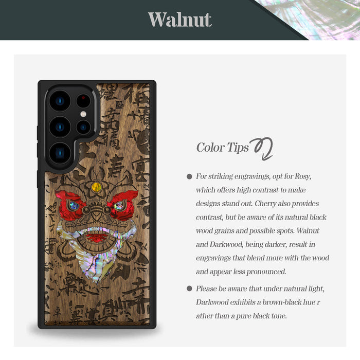 Chinese Lion, Hand-Inlaid Wood & Mother of Pearl Case - Artisanal Cover for Samsung Galaxy