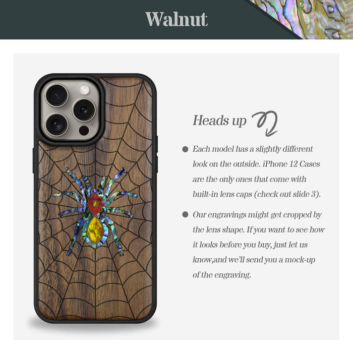 Spider Web, Hand-Inlaid Wood & Mother of Pearl Case - Artisanal Cover for Apple iPhone