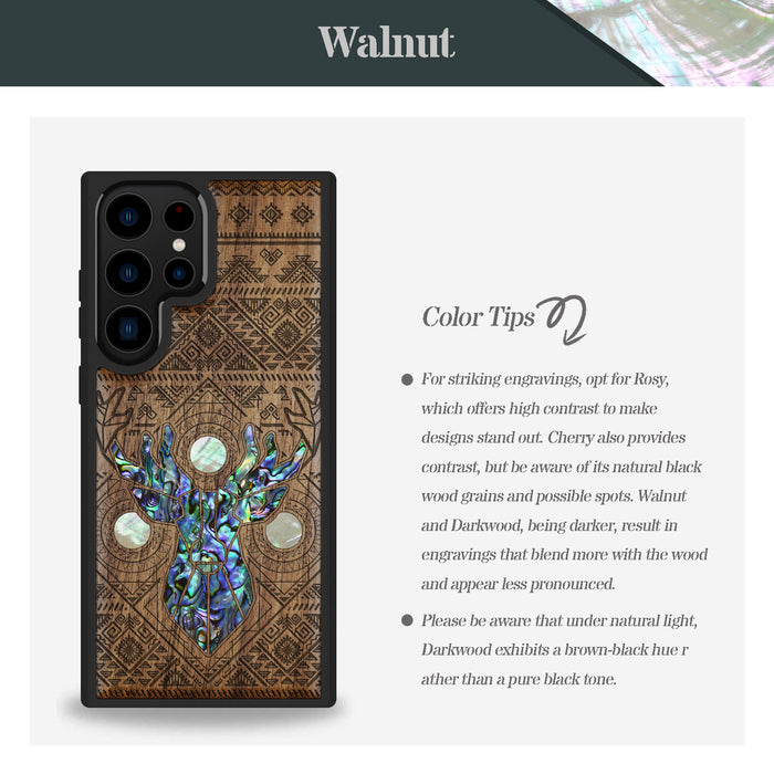 Aztec Geometric Deer, Hand-Inlaid Wood & Mother of Pearl Case - Artisanal Cover for Samsung Galaxy