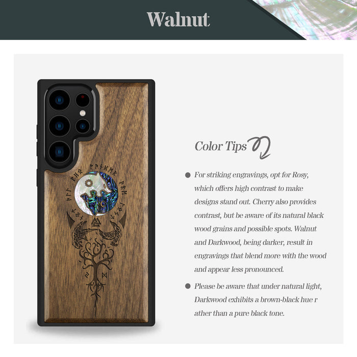 Vegvísir, Ravens, and Yggdrasil, Hand-Inlaid Wood & Mother of Pearl Case - Artisanal Cover for Samsung Galaxy