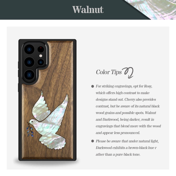 The Dove with Olive Branch, Hand-Inlaid Wood & Mother of Pearl Case - Artisanal Cover for Samsung Galaxy