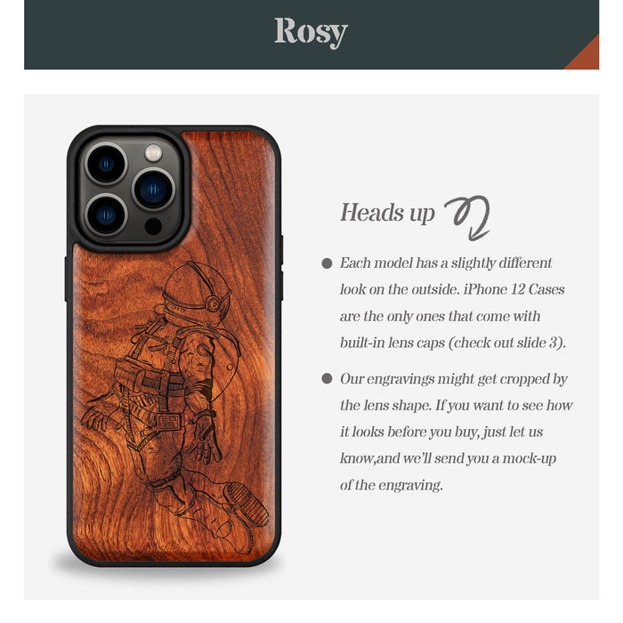 The Floating Astronaut, Classic Engraved Wood & TPU Case - Artisanal Cover for Apple iPhone