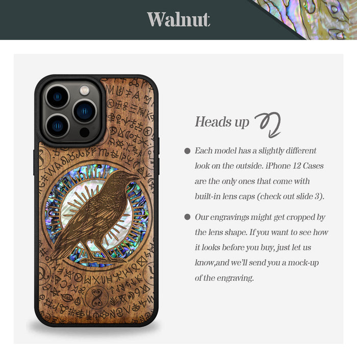 The Haloed Crow, Hand-Inlaid Wood & Mother of Pearl Case - Artisanal Cover for Apple iPhone