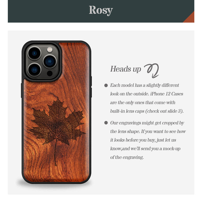 Intricate Maple Leaf Sketch, Classic Engraved Wood & TPU Case - Artisanal Cover for Apple iPhone