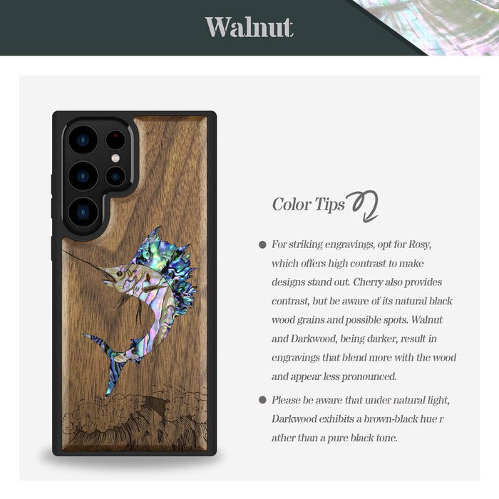 The Soaring Marlin, Hand-Inlaid Wood & Mother of Pearl Case - Artisanal Cover for Samsung Galaxy