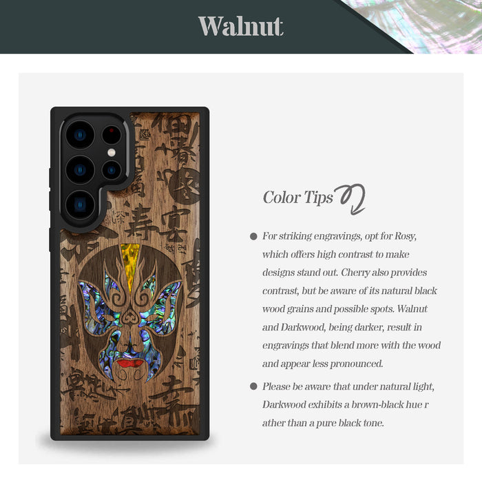 The Chinese Opera Mask, Hand-Inlaid Wood & Mother of Pearl Case - Artisanal Cover for Samsung Galaxy