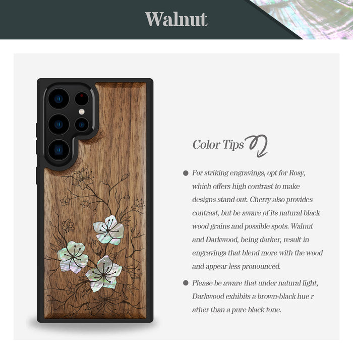 Whispering Sakura Blooms, Hand-Inlaid Wood & Mother of Pearl Case - Artisanal Cover for Samsung Galaxy