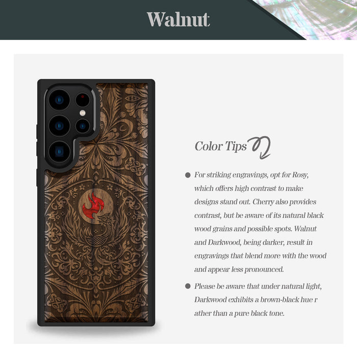 Phoenix in Symmetry, Hand-Inlaid Wood & Mother of Pearl Case - Artisanal Cover for Samsung Galaxy