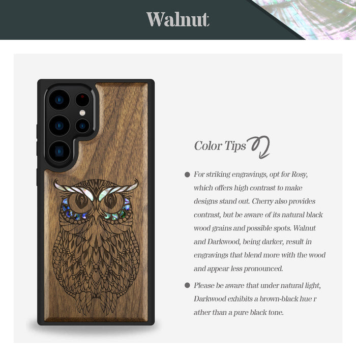 The Owl Mandala, Hand-Inlaid Wood & Mother of Pearl Case - Artisanal Cover for Samsung Galaxy