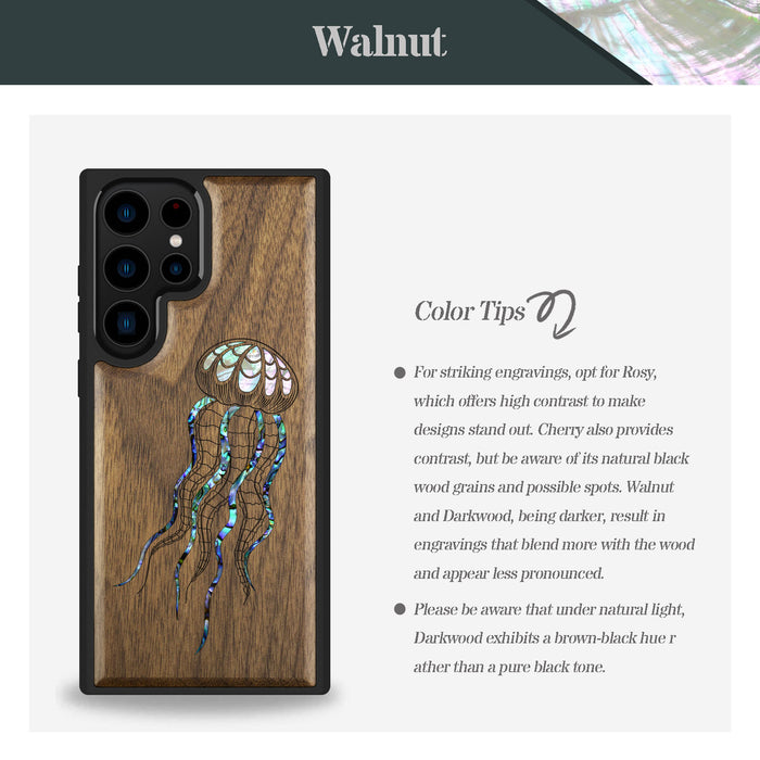 Zentangle Art Jellyfish, Hand-Inlaid Wood & Mother of Pearl Case - Artisanal Cover for Samsung Galaxy