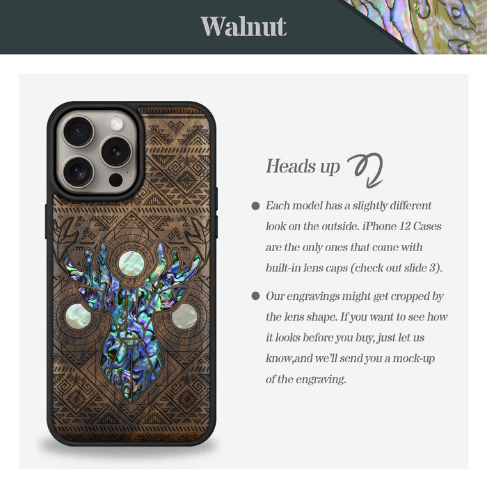 Aztec Geometric Deer, Hand-Inlaid Wood & Mother of Pearl Case - Artisanal Cover for Apple iPhone