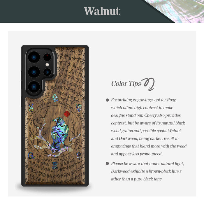 Raven's Arcanum, Hand-Inlaid Wood & Mother of Pearl Case - Artisanal Cover for Samsung Galaxy