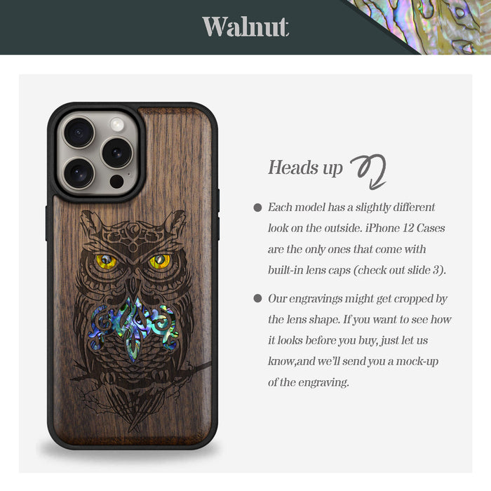 An Owl Perched on a Branch, Hand-Inlaid Wood & Mother of Pearl Case - Artisanal Cover for Apple iPhone