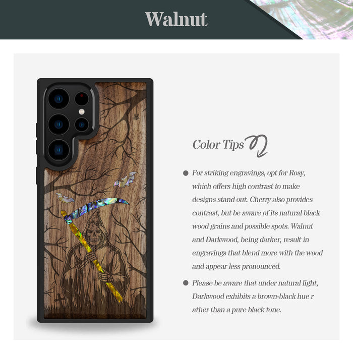 Grim Reaper, Hand-Inlaid Wood & Mother of Pearl Case - Artisanal Cover for Samsung Galaxy