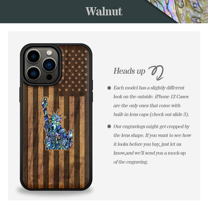 Statue of Liberty and Flag, Hand-Inlaid Wood & Mother of Pearl Case - Artisanal Cover for Apple iPhone