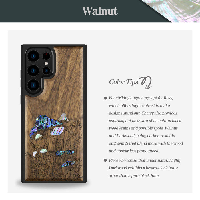 The Enchanting World of Mushrooms and Wildflowers, Hand-Inlaid Wood & Mother of Pearl Case - Artisanal Cover for Samsung Galaxy