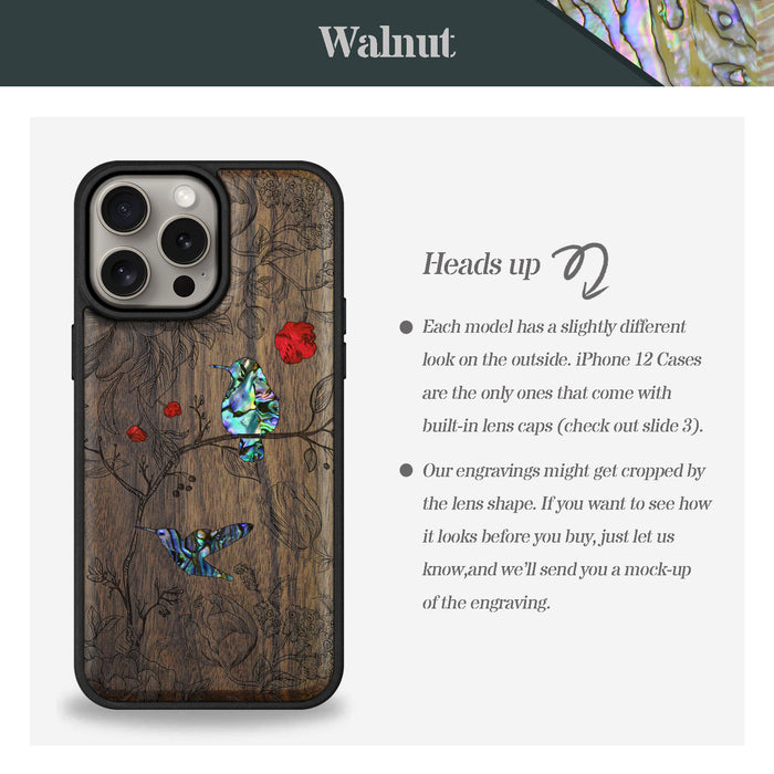 A Dance of Flora and Avian, Hand-Inlaid Wood & Mother of Pearl Case - Artisanal Cover for Apple iPhone