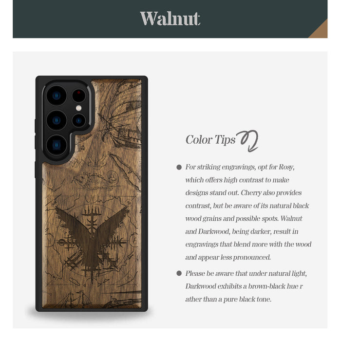 Splash Ink Vegvisir amidst Maritime Relics, Classic Engraved Wood & TPU Case - Artisanal Cover for Samsung Galaxy