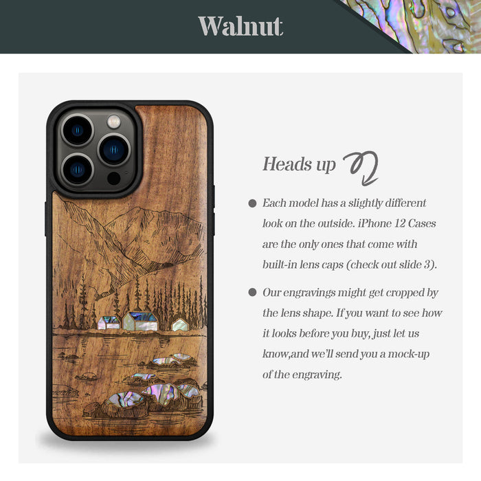 Mountains, Lake, and Village Life, Hand-Inlaid Wood & Mother of Pearl Case - Artisanal Cover for Apple iPhone