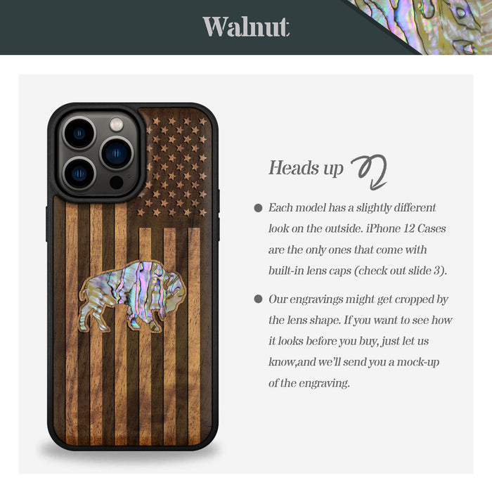 American Flag, Bison, Hand-Inlaid Wood & Mother of Pearl Case - Artisanal Cover for Apple iPhone