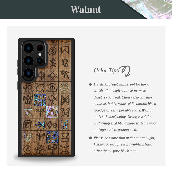 Mystical Runes, Hand-Inlaid Wood & Mother of Pearl Case - Artisanal Cover for Samsung Galaxy