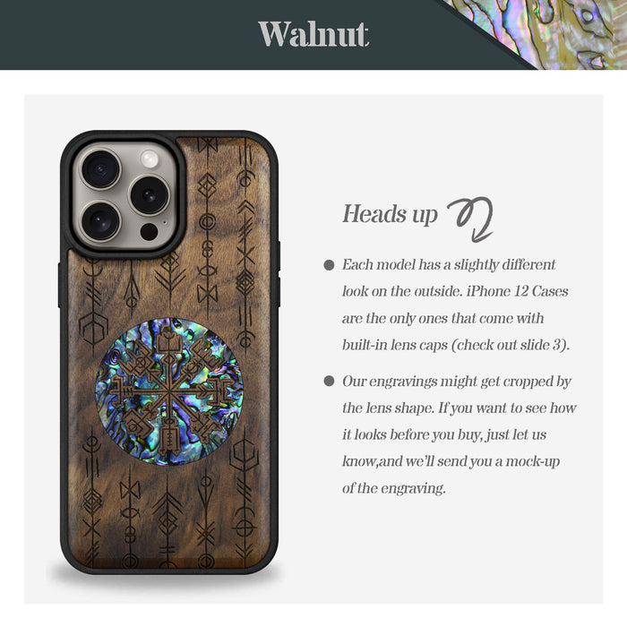 Echoes of Viking Lore, Hand-Inlaid Wood & Mother of Pearl Case - Artisanal Cover for Apple iPhone