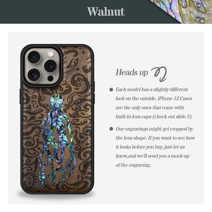 Cephalopod's Nocturne, Hand-Inlaid Wood & Mother of Pearl Case - Artisanal Cover for Apple iPhone