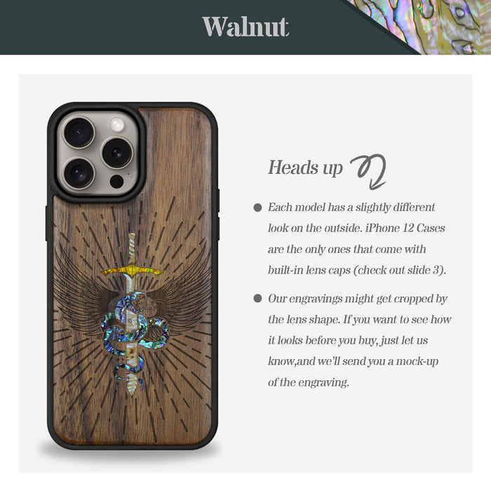 Serpent Winged Sword, Hand-Inlaid Wood & Mother of Pearl Case - Artisanal Cover for Apple iPhone