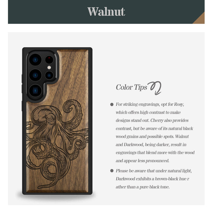 Bodybuilding Octopus Illustration, Classic Engraved Wood & TPU Case - Artisanal Cover for Samsung Galaxy