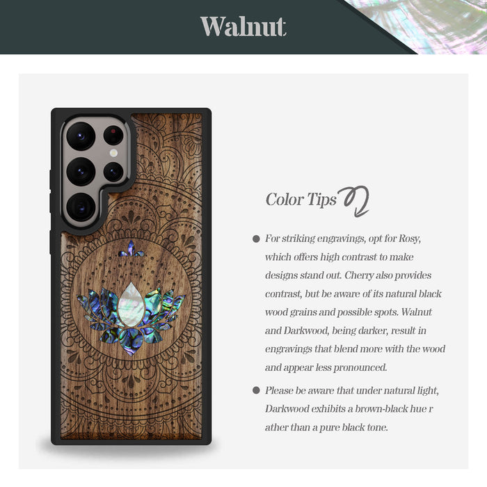 Lotus Mandala Essence, Hand-Inlaid Wood & Mother of Pearl Case - Artisanal Cover for Samsung Galaxy