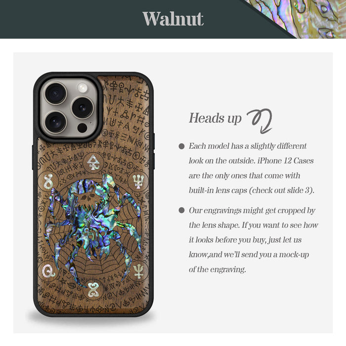 Shadows of the Web, Hand-Inlaid Wood & Mother of Pearl Case - Artisanal Cover for Apple iPhone