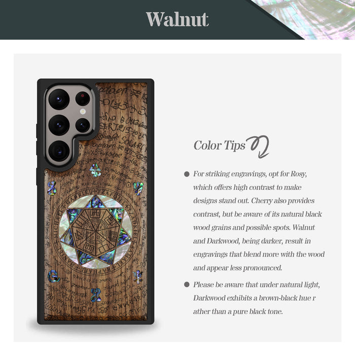 The Sacred Seals, Hand-Inlaid Wood & Mother of Pearl Case - Artisanal Cover for Samsung Galaxy