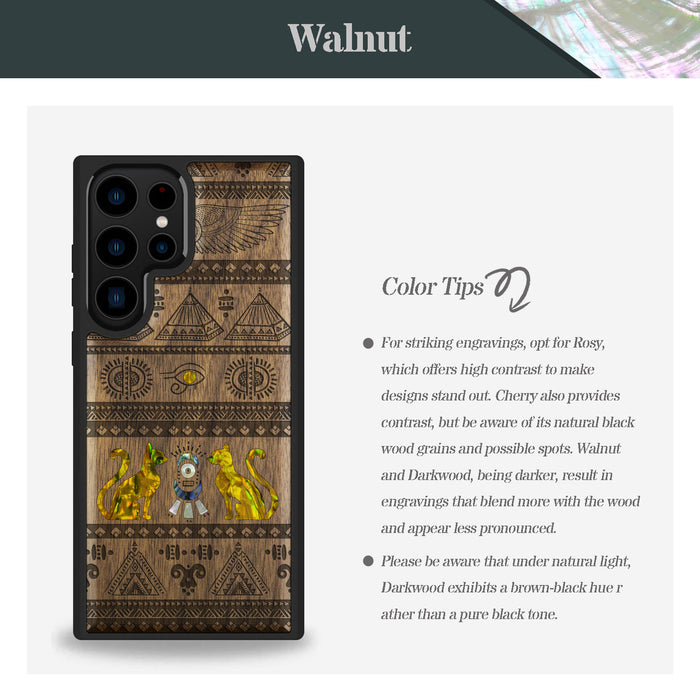 The Symbols of Egypt, Hand-Inlaid Wood & Mother of Pearl Case - Artisanal Cover for Samsung Galaxy