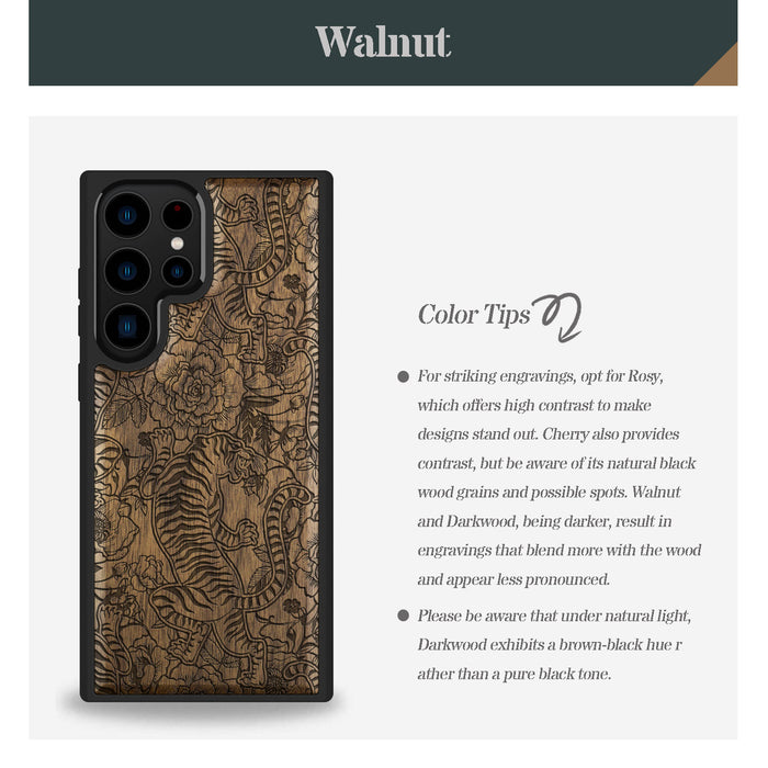 A Tiger Amidst Flowers and Vines, Classic Engraved Wood & TPU Case - Artisanal Cover for Samsung Galaxy