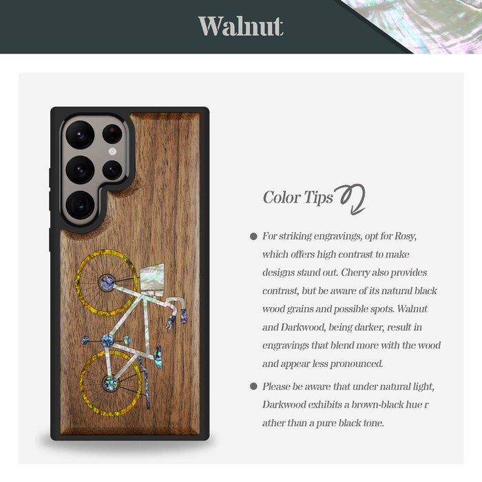 Classic Bicycle Silhouette, Hand-Inlaid Wood & Mother of Pearl Case - Artisanal Cover for Samsung Galaxy