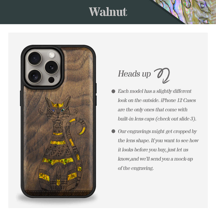 Tribal Cat Art, Hand-Inlaid Wood & Mother of Pearl Case - Artisanal Cover for Apple iPhone