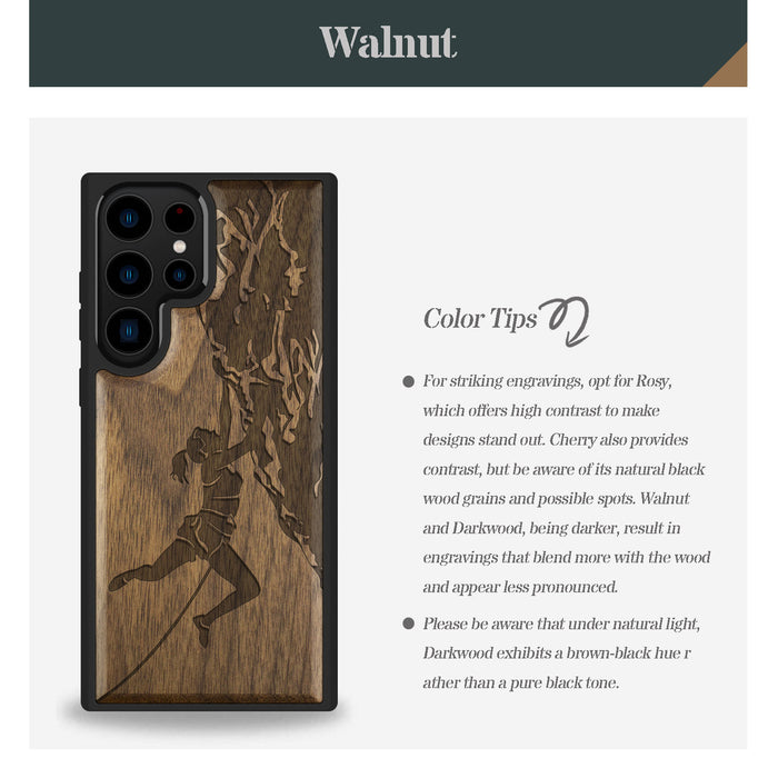 Woman Ascending the Cliff, Classic Engraved Wood & TPU Case - Artisanal Cover for Samsung Galaxy