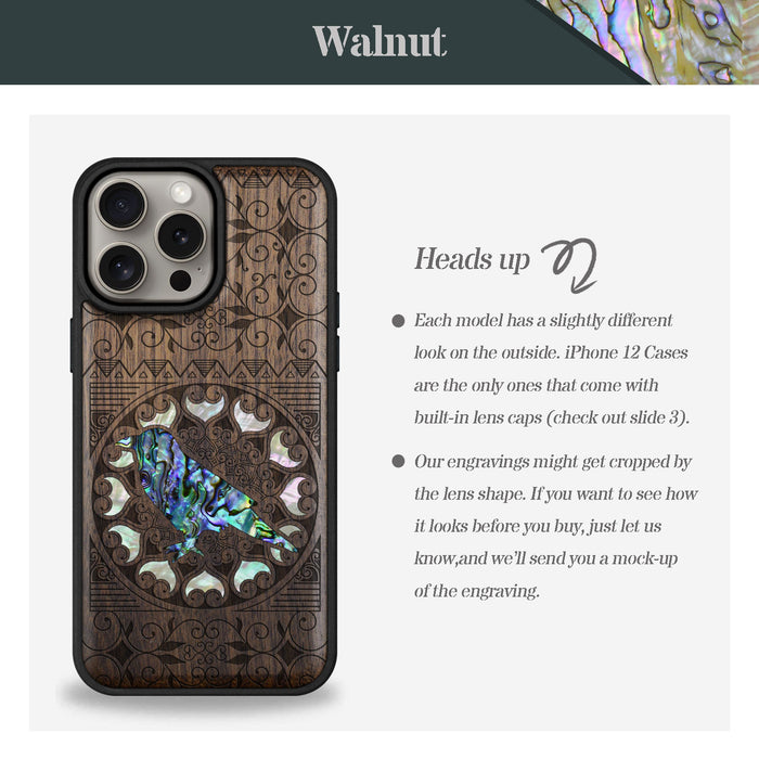 The Zentangle Crow, Hand-Inlaid Wood & Mother of Pearl Case - Artisanal Cover for Apple iPhone