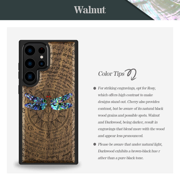 The Graceful Dragonfly, Hand-Inlaid Wood & Mother of Pearl Case - Artisanal Cover for Samsung Galaxy