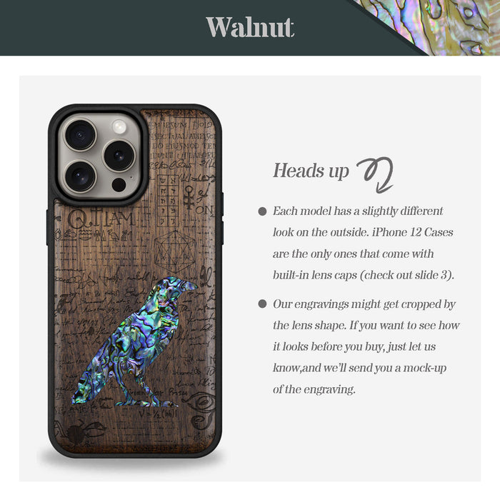 Raven Script, Hand-Inlaid Wood & Mother of Pearl Case - Artisanal Cover for Apple iPhone