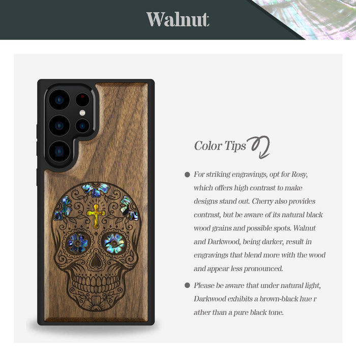 The Dia de los Muertos Sugar Skull, Hand-Inlaid Wood & Mother of Pearl Case - Artisanal Cover for Samsung Galaxy