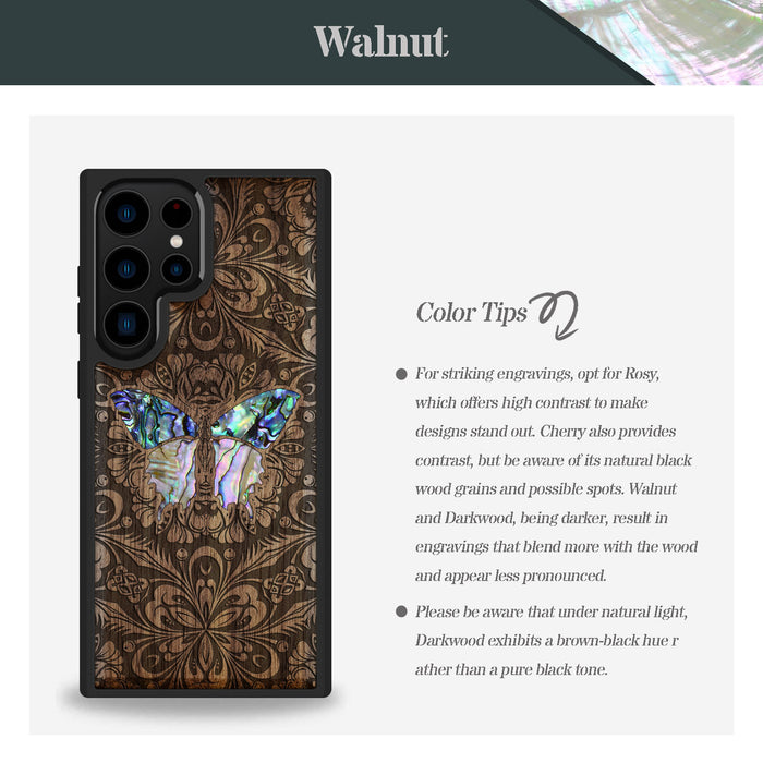 Baroque Butterfly, Hand-Inlaid Wood & Mother of Pearl Case - Artisanal Cover for Samsung Galaxy