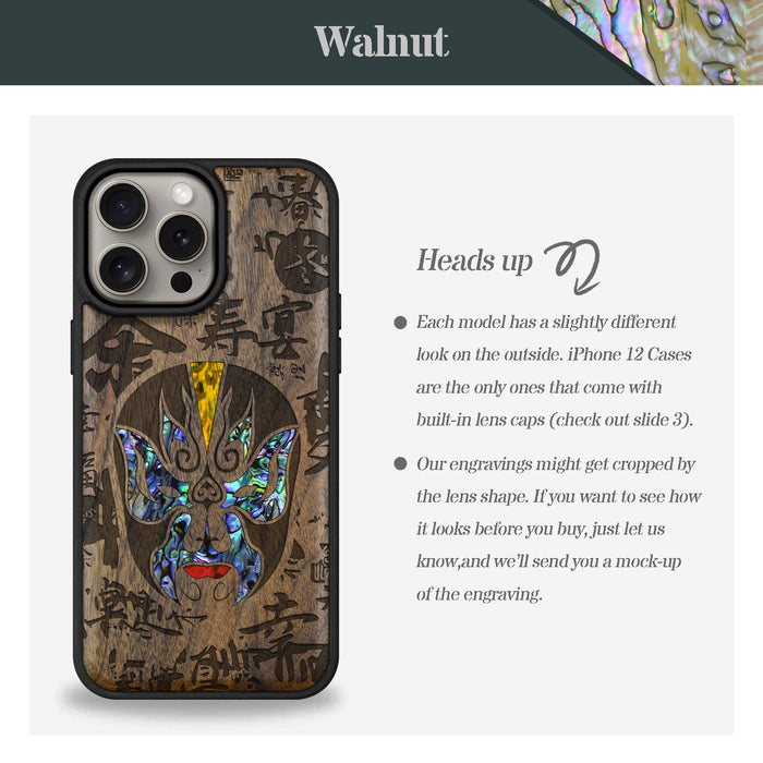 The Chinese Opera Mask, Hand-Inlaid Wood & Mother of Pearl Case - Artisanal Cover for Apple iPhone