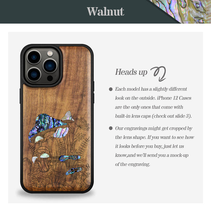 The Enchanting World of Mushrooms and Wildflowers, Hand-Inlaid Wood & Mother of Pearl Case - Artisanal Cover for Apple iPhone