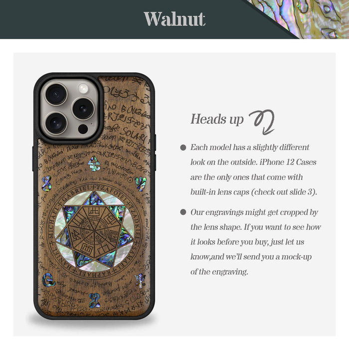 The Sacred Seals, Hand-Inlaid Wood & Mother of Pearl Case - Artisanal Cover for Apple iPhone