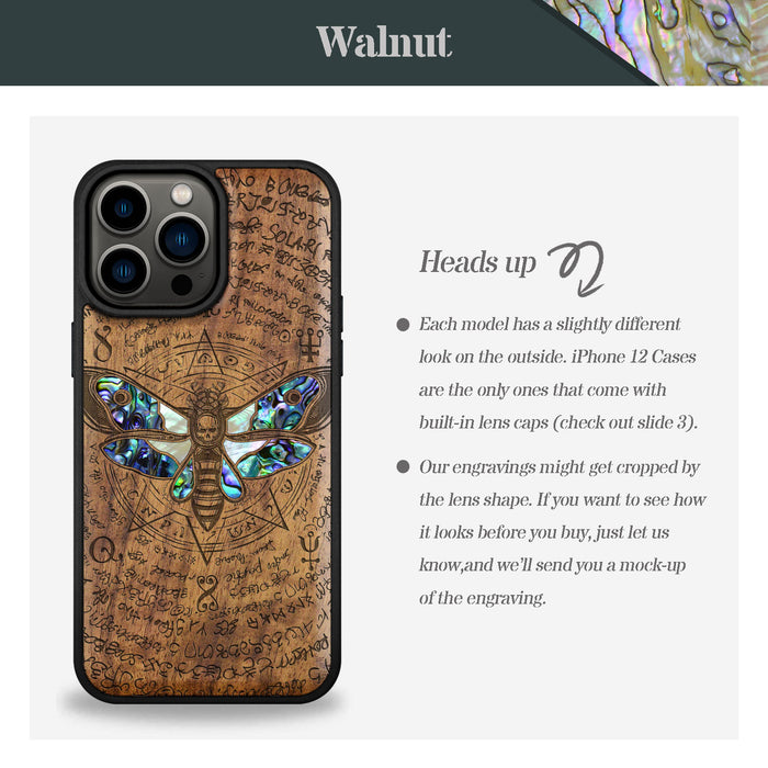 The Death Moth and Octagonal Star, Hand-Inlaid Wood & Mother of Pearl Case - Artisanal Cover for Apple iPhone