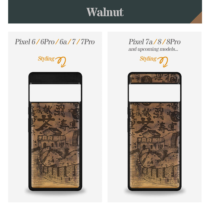 Hand Drawn Great Wall of China, Classic Engraved Wood & TPU Case - Artisanal Cover for Google Pixel